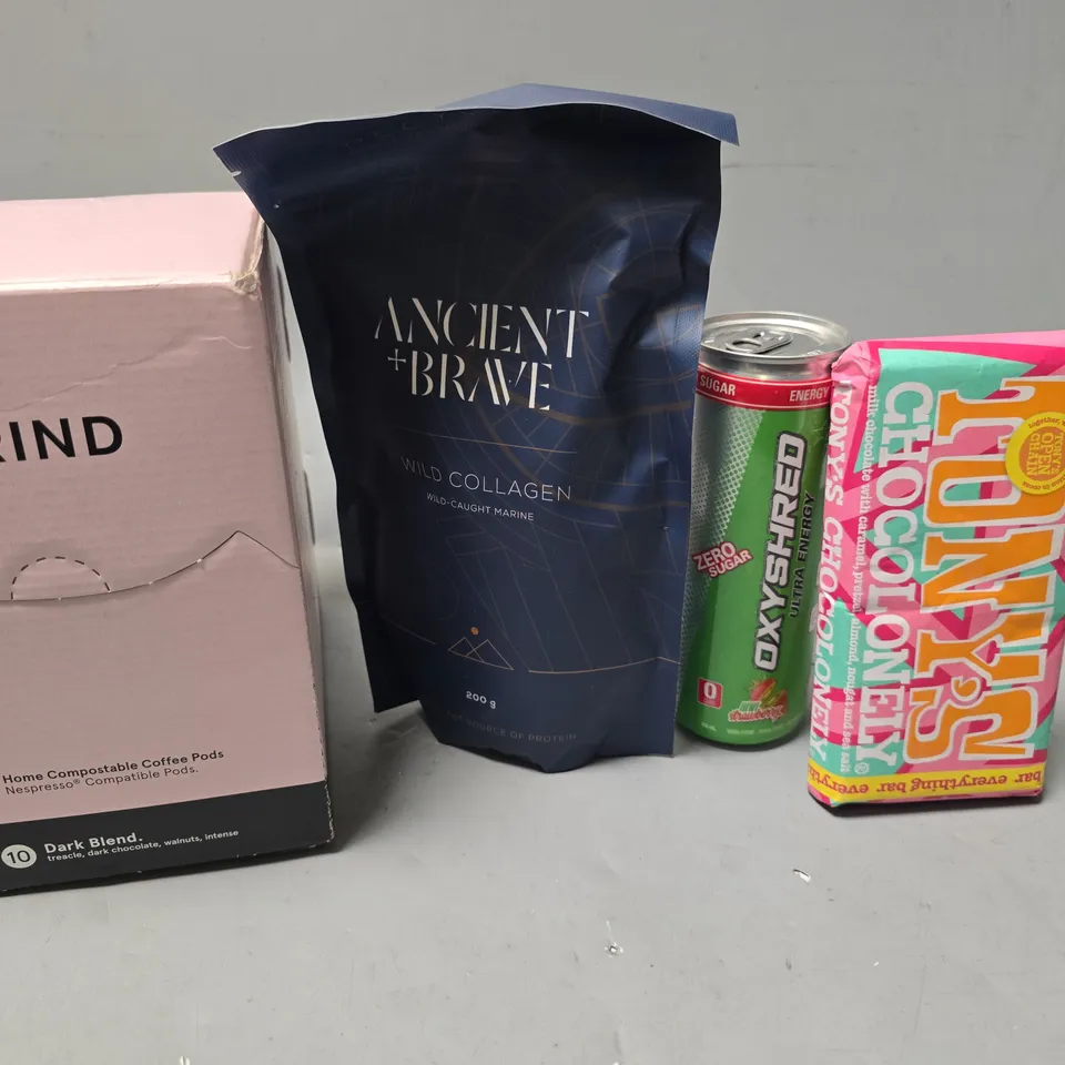 APPROXIMATELY 9 ASSORTED FOOD ITEMS TO INCLUDE - GRIND DARK BLEND , OXYSHRED , TONYS CHOCOLATE ETC