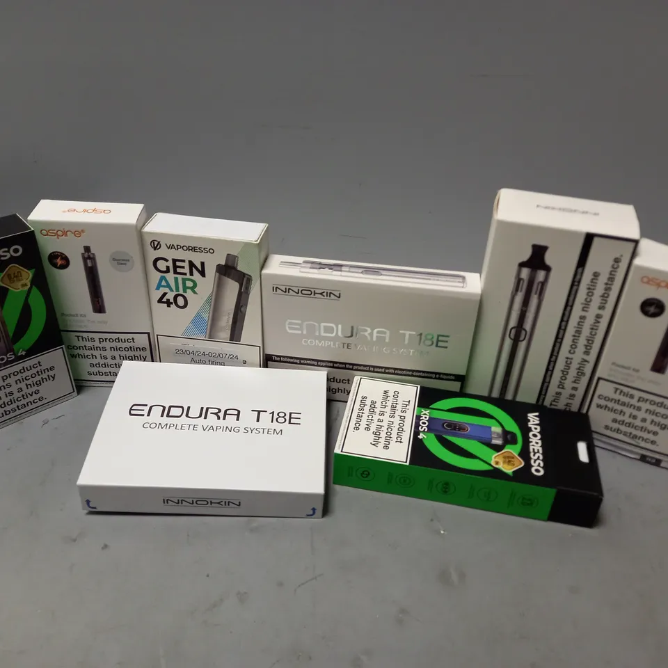 APPROXIMATELY 20 BOXED E-CIGARETTES TO INCLUDE ASPIRE POCKEX KIT, INNOKIN ENDURA T18E, VAPORESSO XROS 4, ETC