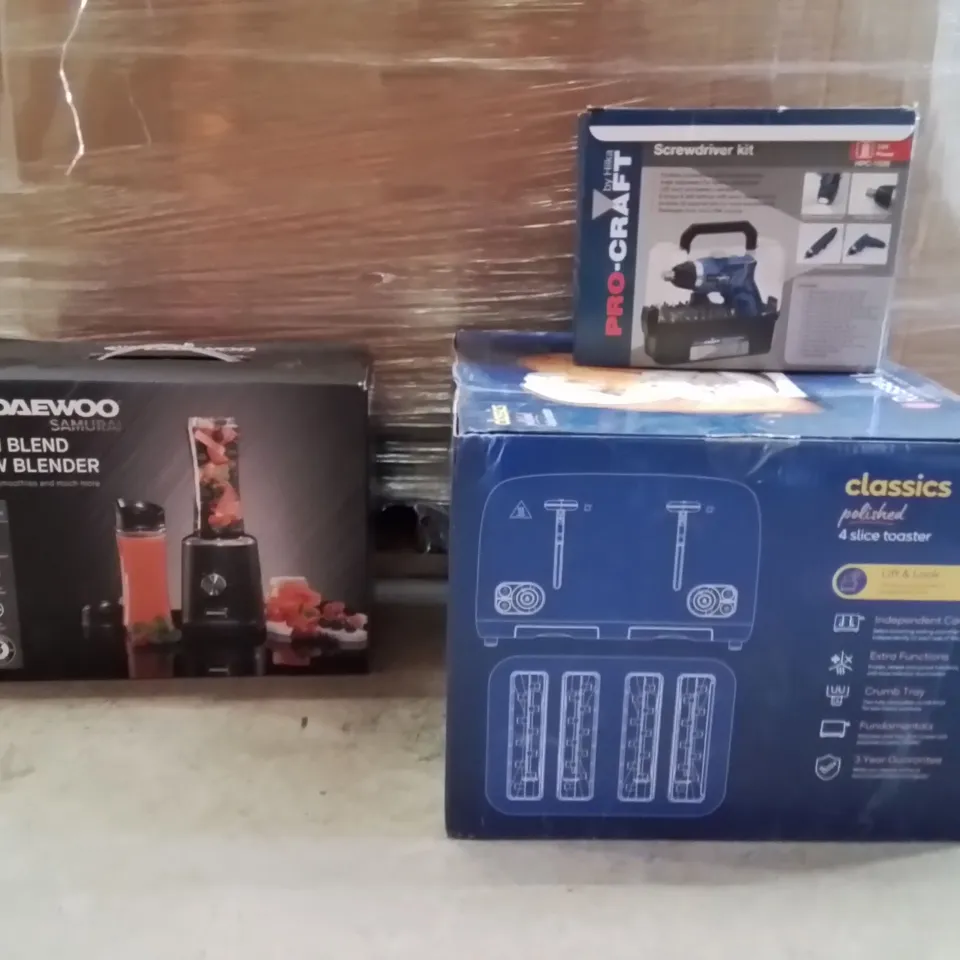 PALLET TO CONTAIN A LARGE QUANTITY OF ELECTRICAL PRODUCTS TO INCLUDE;4 SLICE TOASTER,ELECTRIC SCREWDRIVER,BLENDER