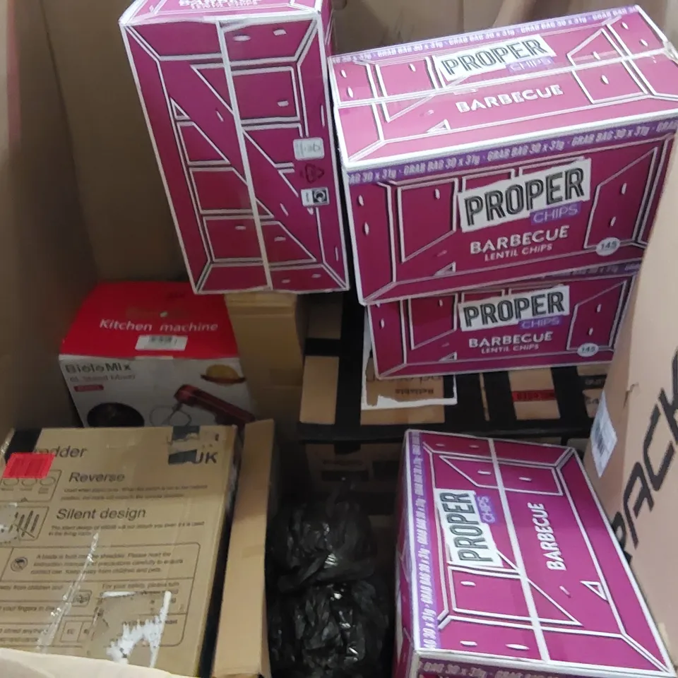 PALLET OF ASSORTED CONSUMER PRODUCTS TO INCLUDE: PAPER SHREDDERS, PROFESSIONAL BRUSH CUTTER, STEP LADDER, COFFEE TABLE, RETRACTABLE SAFETY GATE, PROPER CHIPS BARBECUE CRISPS ECT