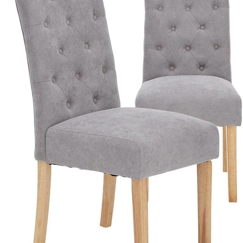 BOXED SET OF 2 FABRIC SCROLL BACK DINING CHAIRS - GREY/OAK EFFECT [COLLECTION ONLY]