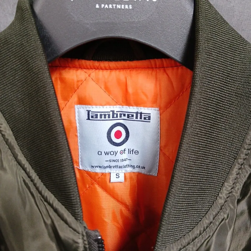 LAMBRETTA OLIVE GREEN BOMBER JACKET – ORANGE QUILT LINING, UK S (MEN'S)