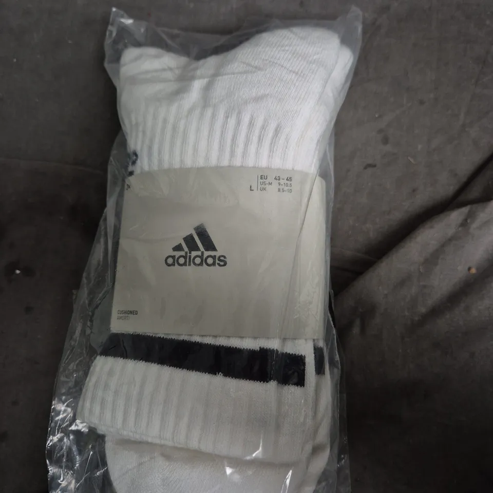 3 PAIRS OF ADIDAS CUSHIONED SOCKS – WHITE – UK 8.5-10 (EU 43-45; US M 9-10.5)