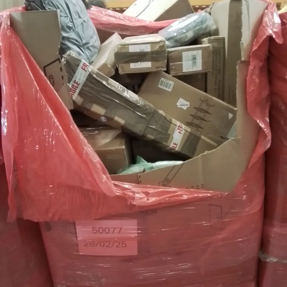 PALLET CONTAINING VARIOUS ASSORTED ITEMS TO INCLUDE: CLOTHES DRYING RACKS, PET BED, ROLLER BLINDS, STAINLESS STEEL BIN AND LOTS MORE UNMARKED BOXED ITEMS 