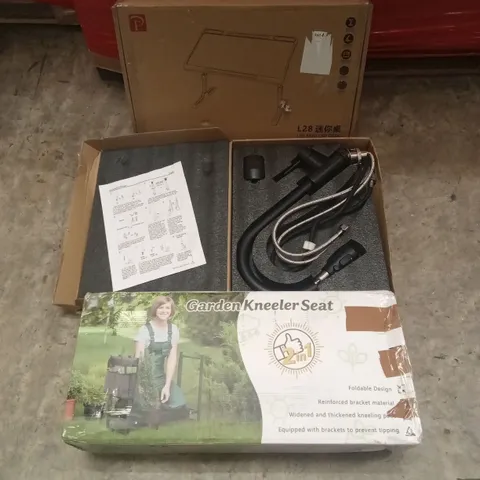 PALLET OF ASSORTED HOUSEHOLD GOODS AND PRODUCTS TO INCLUDE; MINI LAP DESK, GARDEN KNEELER SET, KITCHEN TAP ETC