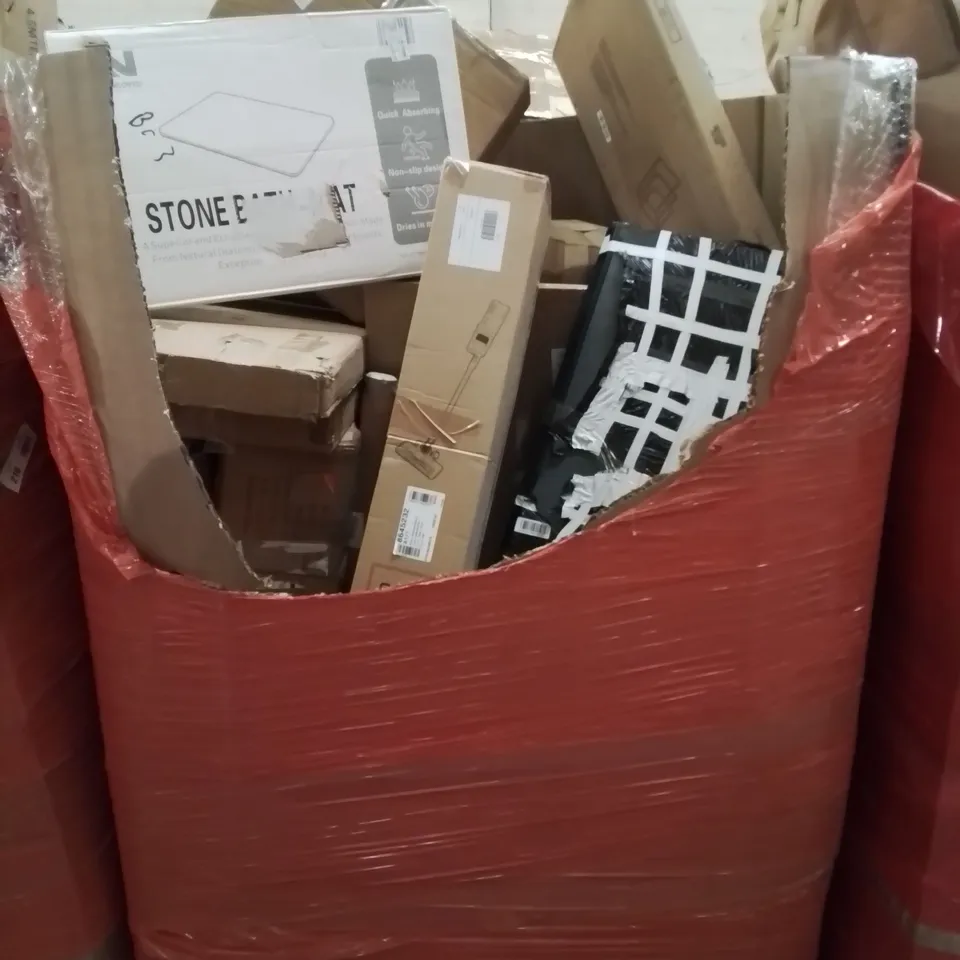 PALLET CONTAINING MIXED BOXED HOUSEHOLD ITEMS TO INCLUDE: UPRIGHT VACUUM,  STONE BATH MAT,  AND LOTS MORE UNMARKED BOXED ITEMS 