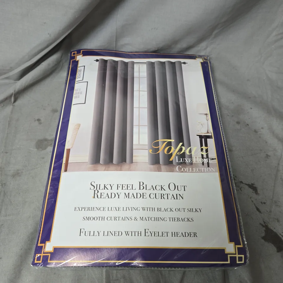 TOPAZ BOX OF 4 HOME EYELET CURTAINS IN DARK GREY - SILKY FEEL BLACK OUT READY MADE, 66" X 54" (168 X 137 CM)