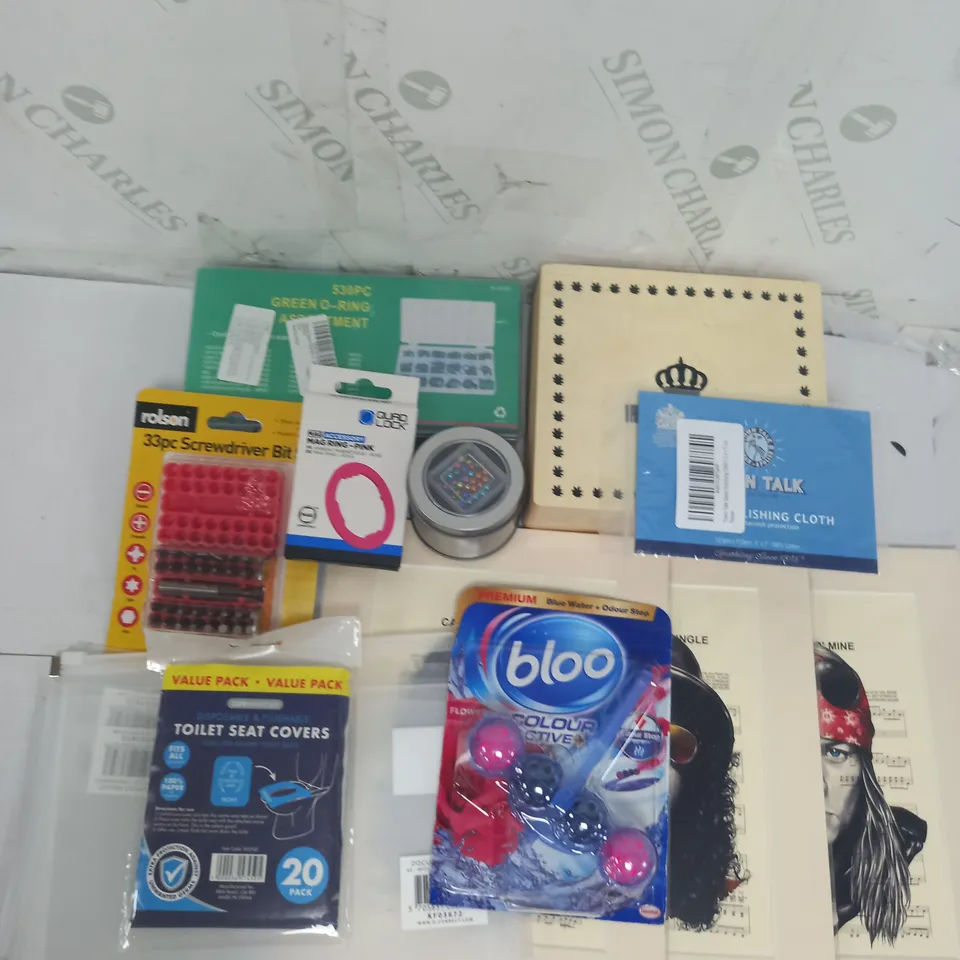 APPROXIMATELY 10 ASSORTED HOUSEHOLD GOODS TO INCLUDE ROLSON SCREWDRIVER BIT SET, CAREESSENTIALS TOILET SEAT COVERS, BLUE COLOUR ACTIVE ETC. 