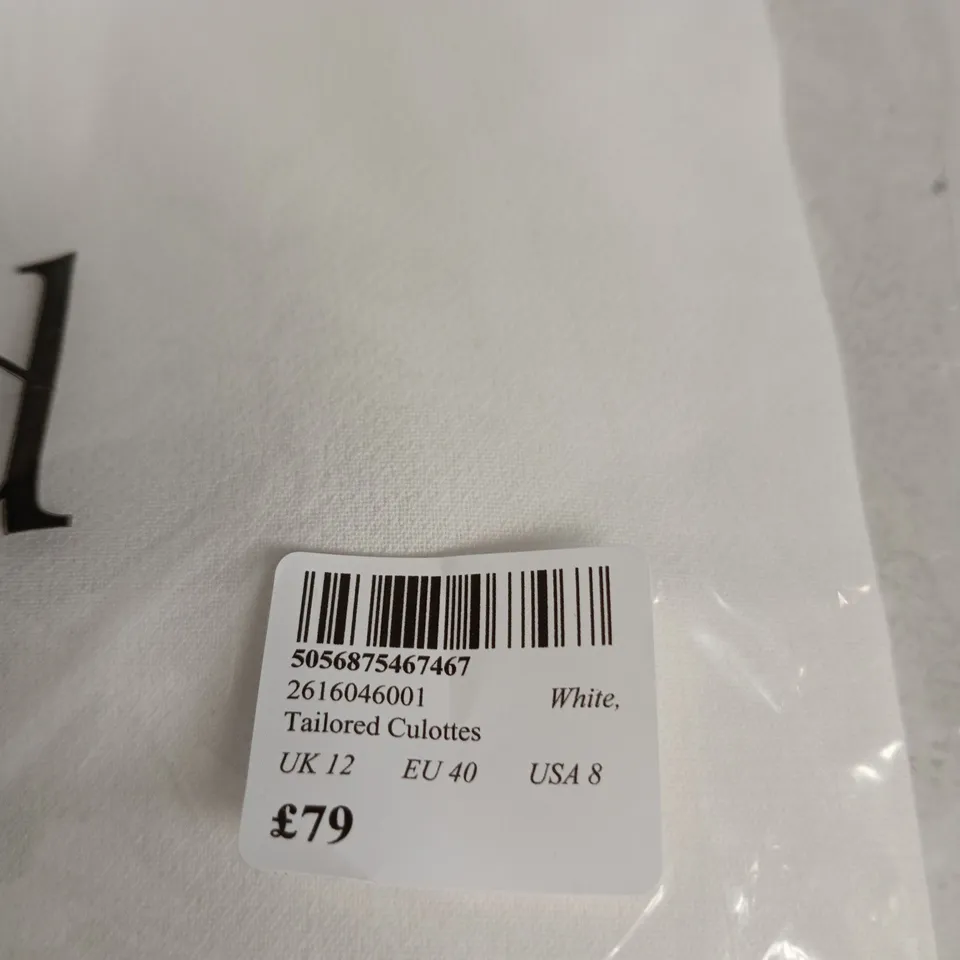 NOBODY'S CHILD TAILORED CULOTTES – WHITE, UK 12 (EU 40, USA 8)