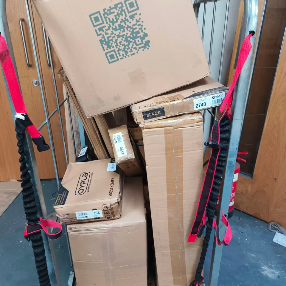CAGE OF APPROXIMATELY 9 ASSORTED ITEMS INCLUDING OYPLA PADDED KITCHEN BAR STOOL , OYPLA ELECTRIC HEATER AND OYPLA STANDING LAMP