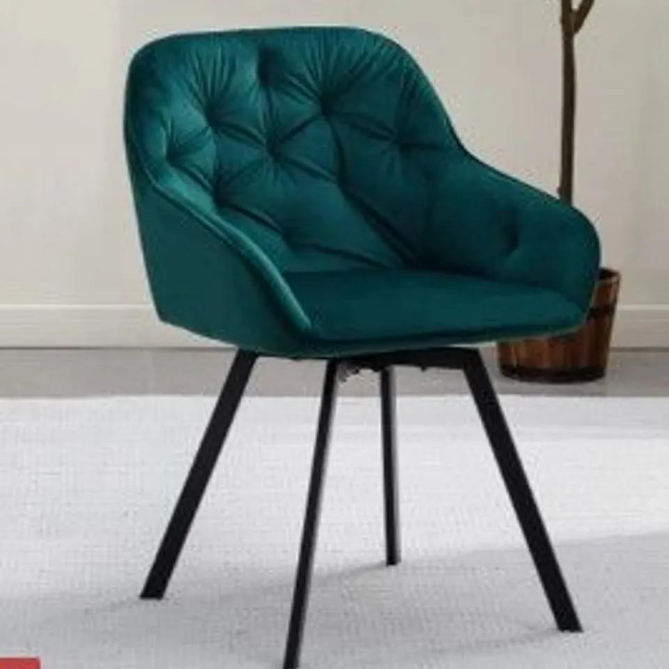 BOXED GARVIES SET OF TWO GREEN VELVET SWIVEL DINING CHAIRS