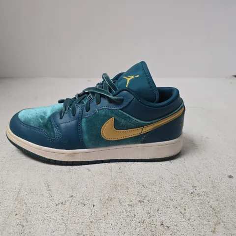 NIKE AIR JORDAN LOW-TOP SNEAKERS, TEAL/BLUE WITH GOLD SWOOSH - UK 5.5