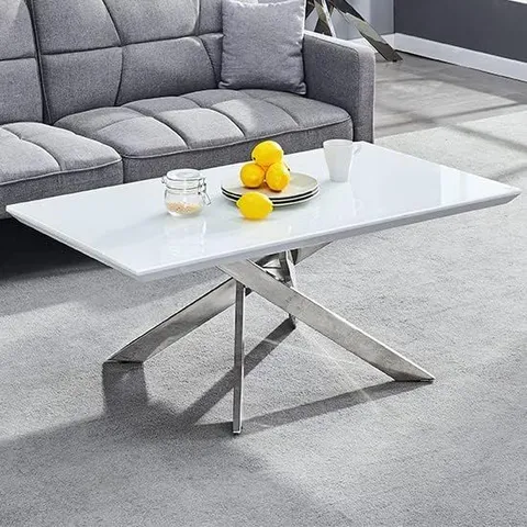BOXED PETRA WHITE HIGH GLOSS RECTANGULAR COFFEE TABLE WITH SUPER WHITE GLASS TOP (2 BOXES)