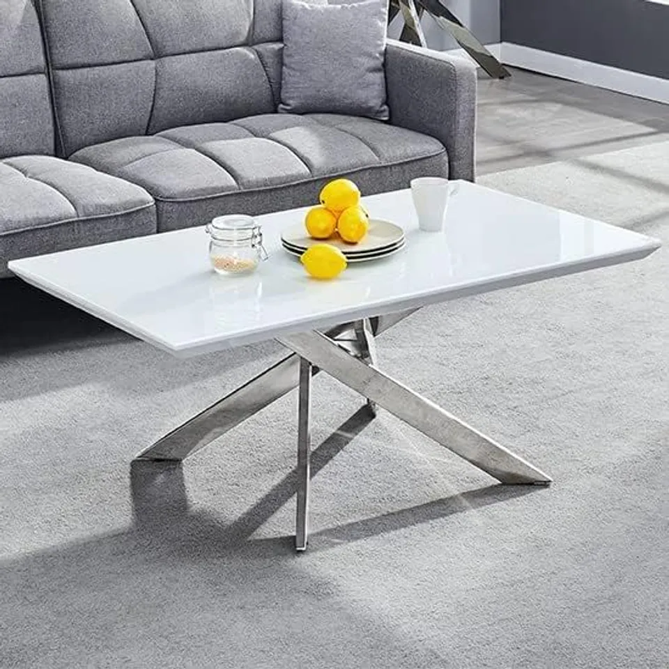 BOXED PETRA WHITE HIGH GLOSS RECTANGULAR COFFEE TABLE WITH SUPER WHITE GLASS TOP (2 BOXES)