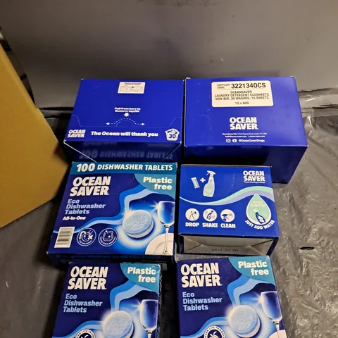 ASSORTED OCEAN SAVER CLEANING PRODUCTS TO INCLUDE LAUNDRY SHEETS, SURFACE SPRAY, AND DISHWASHER TABLETS 