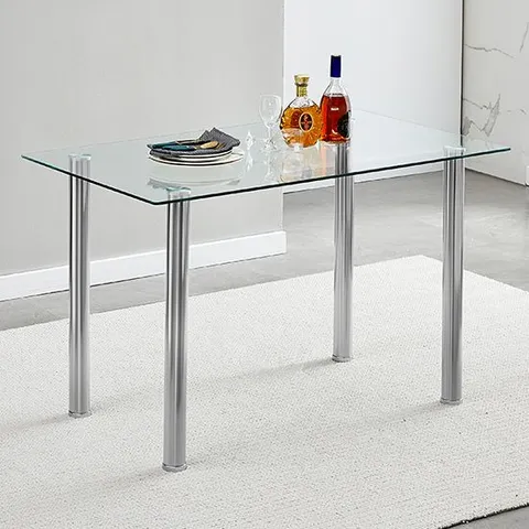 BRAND NEW BOXED SILO CLEAR GLASS DINING TABLE WITH CHROME METAL LEGS (2 BOXES)