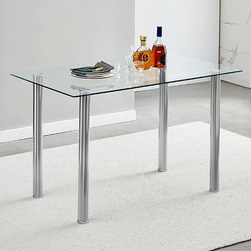 BRAND NEW BOXED SILO CLEAR GLASS DINING TABLE WITH CHROME METAL LEGS (2 BOXES)