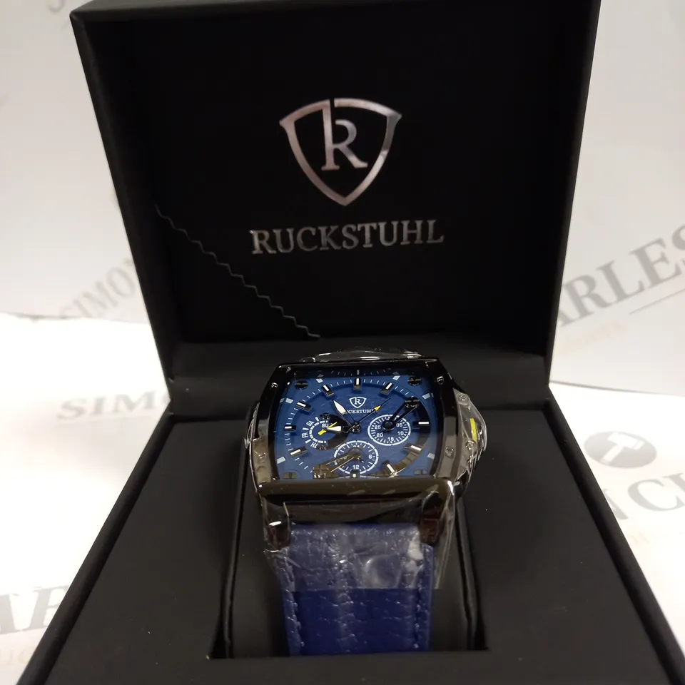MENS RUCKSTUHL R300 CHRONOGRAPH WATCH- BLUE MULTIFUNCTIONAL DIAL- BLACK CASE- GENUINE LEATHER STRAP- WATER RESISTANT