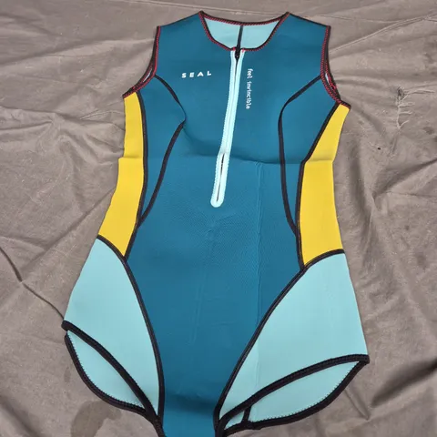SEAL NEOPRENE WETSUIT VEST – TEAL WITH YELLOW & LIGHT BLUE PANELS, FRONT ZIP