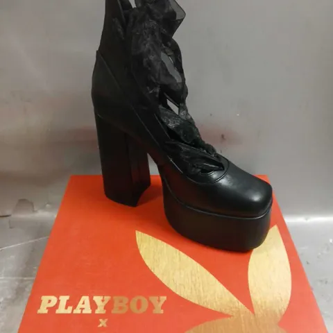 BOXED PLAYBOY X KOI INFIDELITY BLACK LACE UP HEELS SIZE 6
