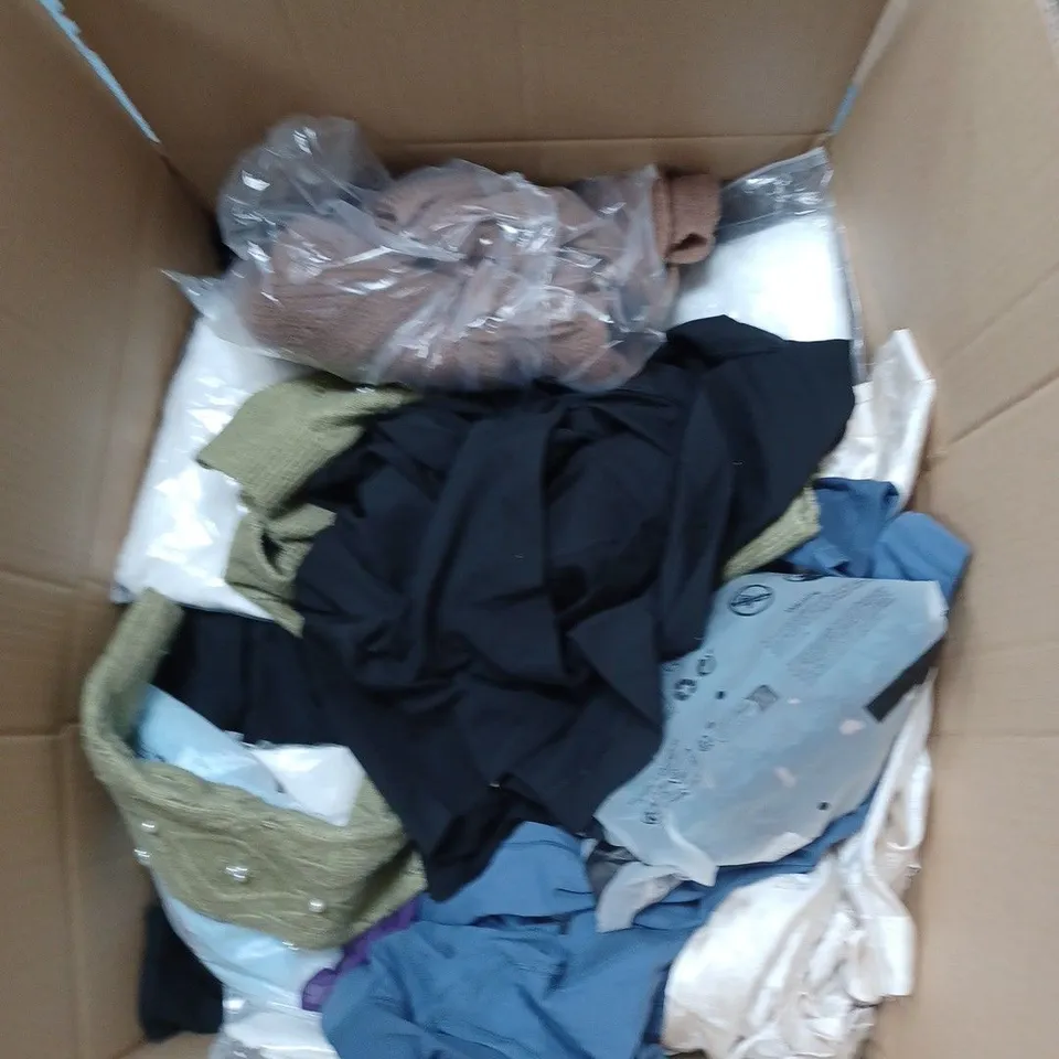 BOX OF ASSORTED CLOTHING ITEMS TO INCLUDE UNDERWEAR, JUMPERS, TOPS ETC 