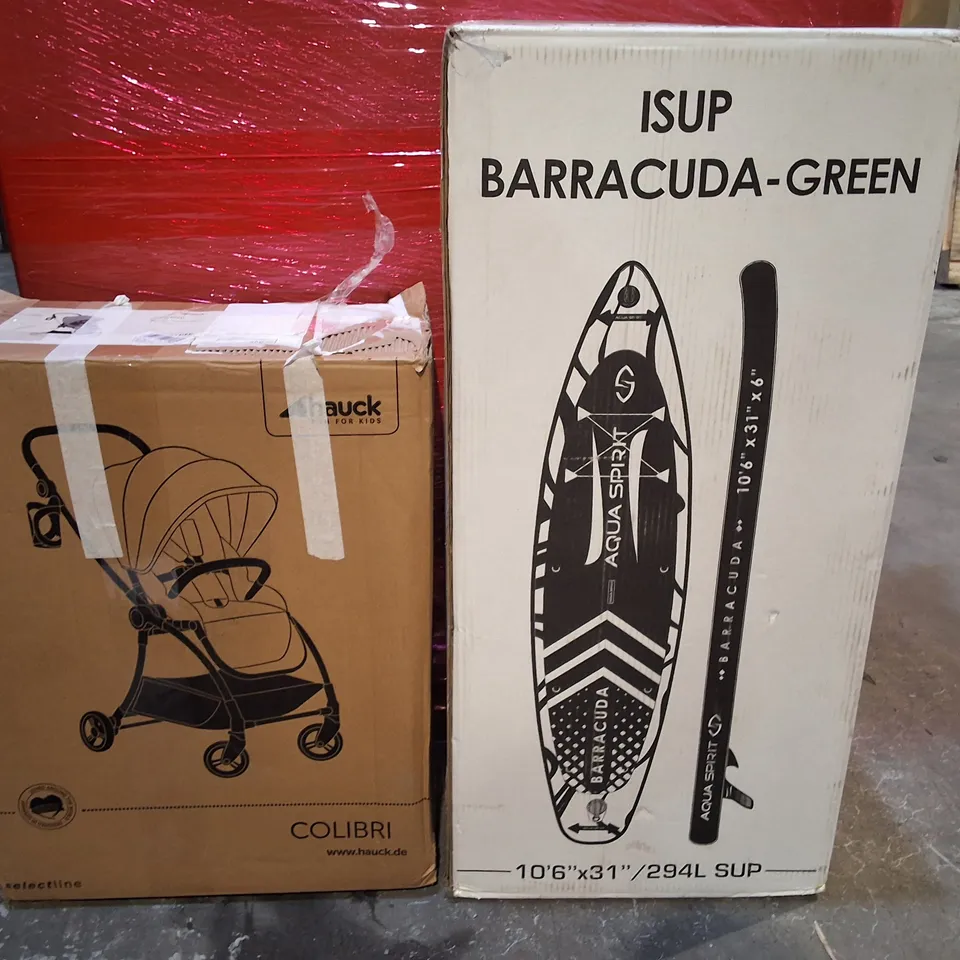 PALLET OF ASSORTED HOUSEHOLD ITEMS TO INCLUDE STAND UP PADDLE BOARD, HAUCK PRAM AND BABY CHANGING TABLE
