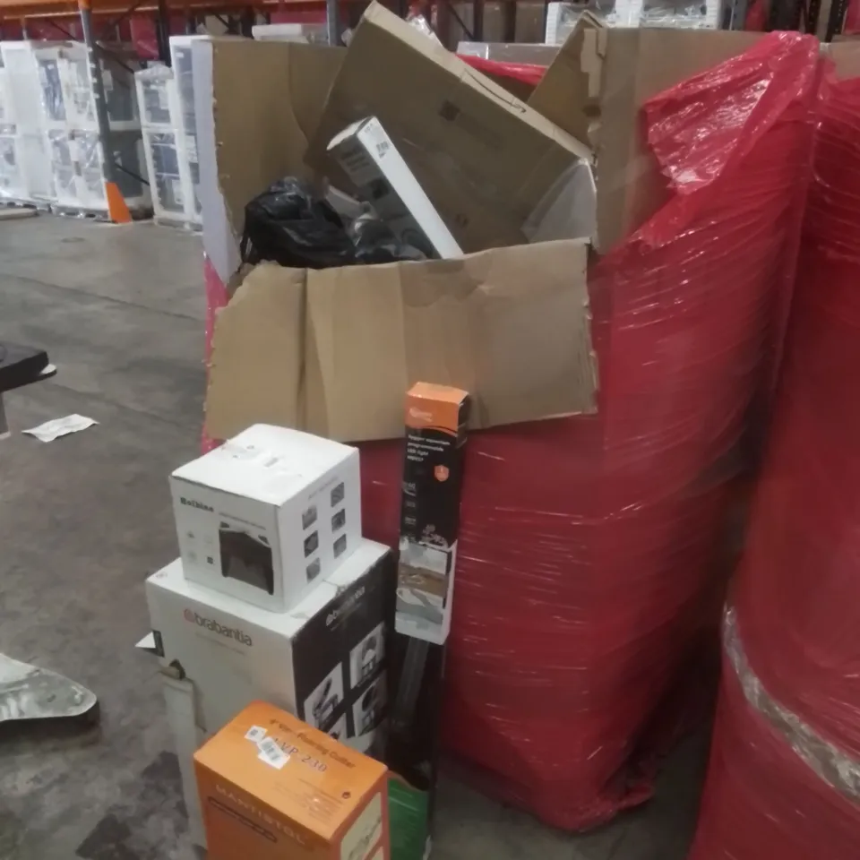 PALLET OF ASSORTED HOUSEHOLD GOODS AND FURNITURE TO INCLUDE; HOLBINE LASER ENGRAVING MACHINE, BRABANTIA NEWICON PEDAL BIN, MANTISTOL VINYL FLOORING CUTTER ETC