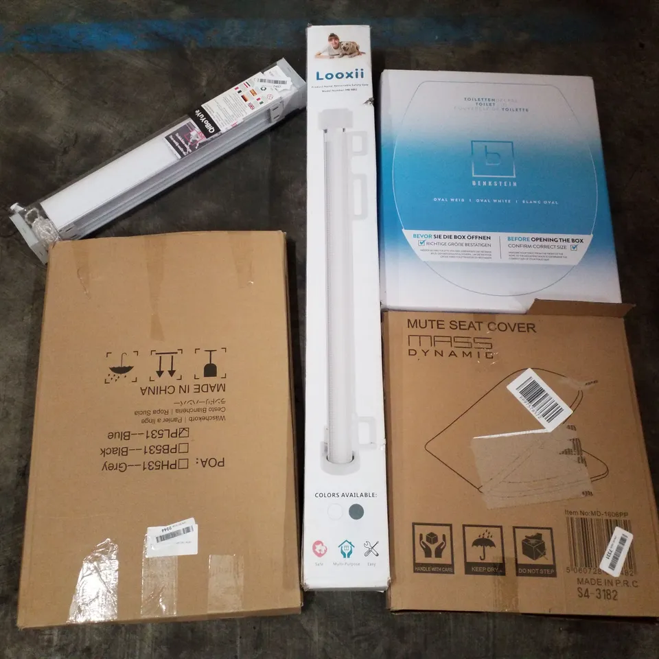 PALLET OF ASSORTED PRODUCTS INCLUDING TOILET SEAT, RETRACTABLE SAFETY GATE, LAUNDRY HAMPER, ROLLER BLIND