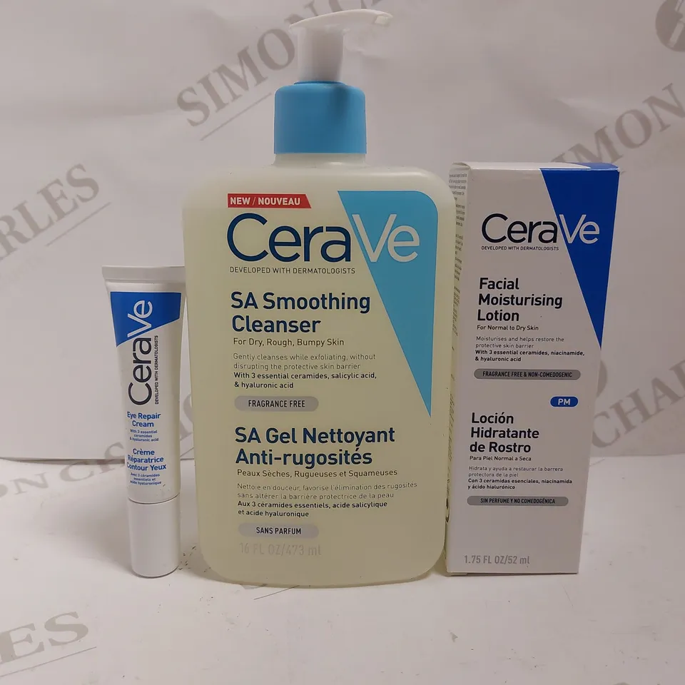 BOX OF APPROX 6 CERAVE ITEMS TO INCLUDE EYE REPAIR CREAM, FACIAL MOISTURISING LOTION AND SMOOTHING CLEANSER