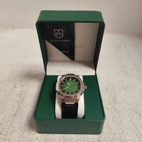 FRANK SCHMIDT GREEN DIAL WRISTWATCH – STAINLESS STEEL CUSHION CASE, LEATHER STRAP