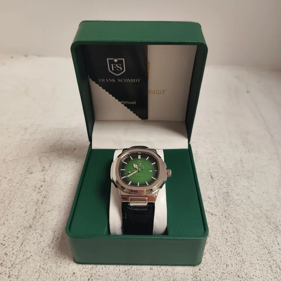 FRANK SCHMIDT GREEN DIAL WRISTWATCH – STAINLESS STEEL CUSHION CASE, LEATHER STRAP