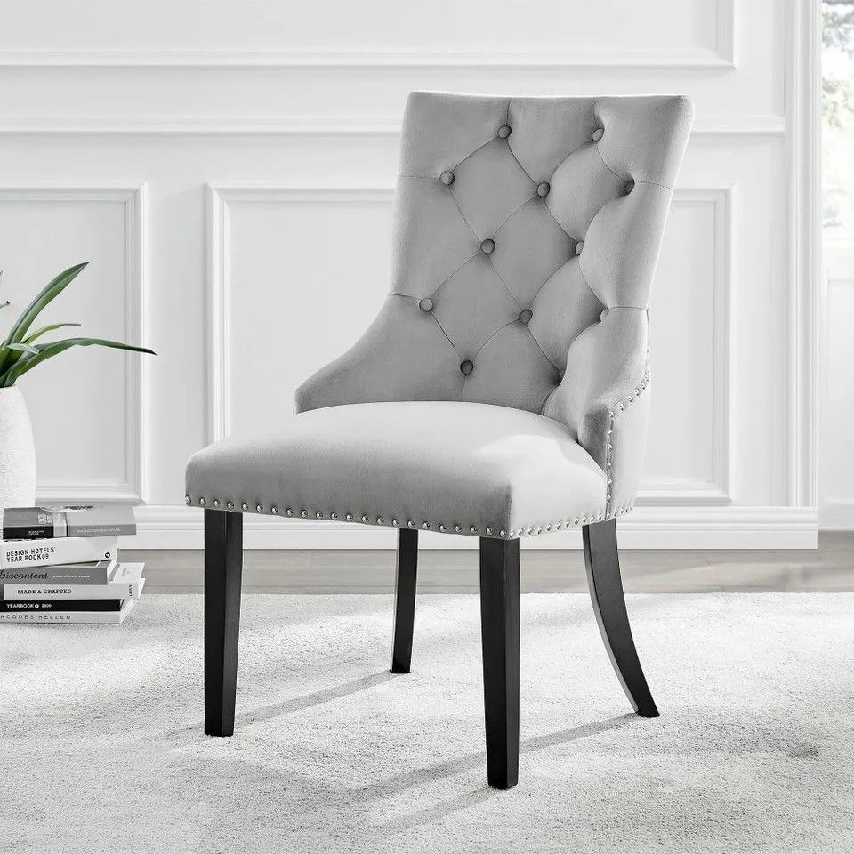 BOXED SET OF 2 BELGRAVIA GREY VELVET KNOCKERBACK DINING CHAIRS BLACK LEGS (1 BOX)