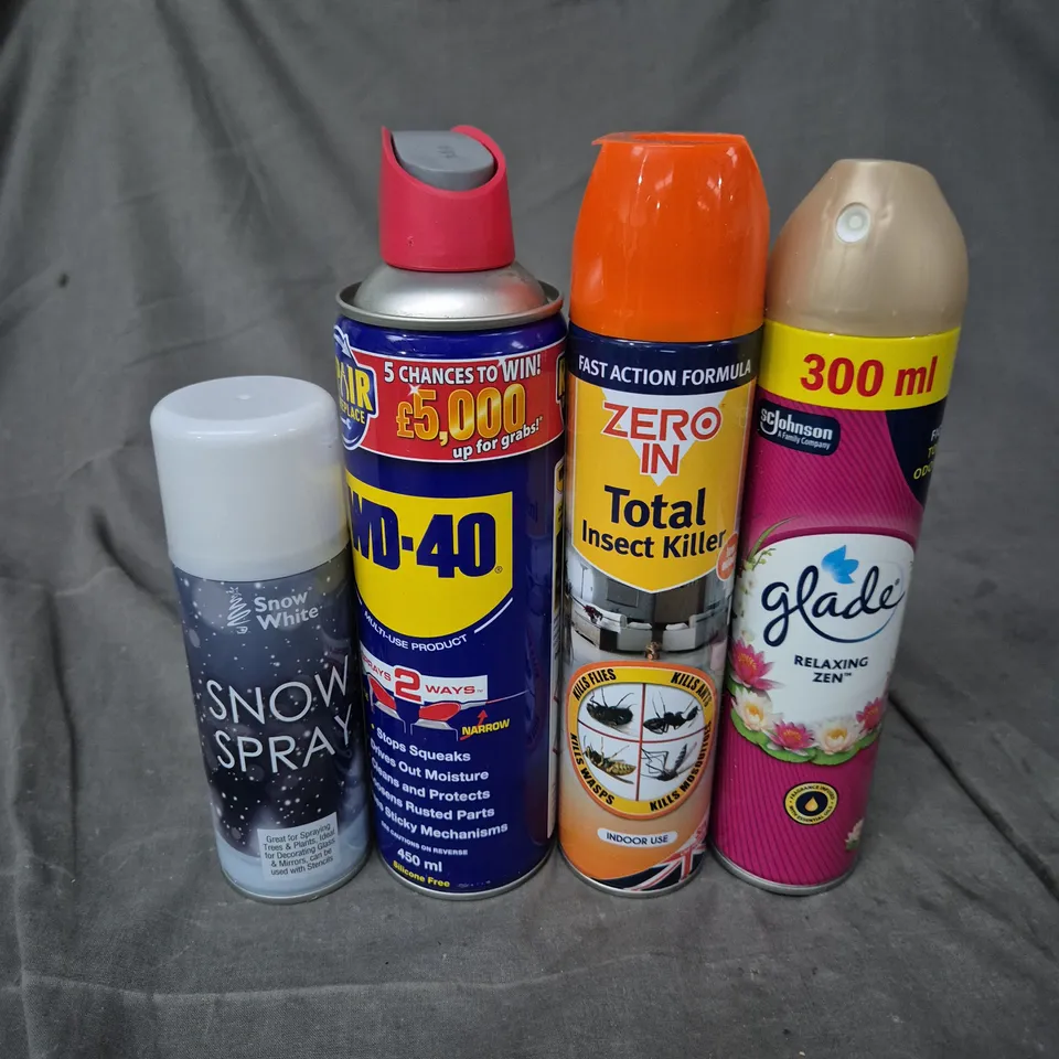 APPROXIMATELY 15 ASSORTED AEROSOLS TO INCLUDE SNOW SPRAY, WD-40, GLADE AIR FRESHENER ETC 