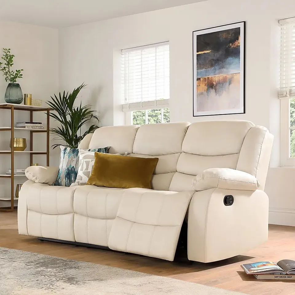 BOXED DESIGNER SORRENTO IVORY LEATHER MANUAL RECLINING THREE SEATER SOFA