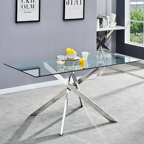 BRAND NEW BOXED DAYTONA SMALL CLEAR GLASS DINING TABLE WITH CHROME LEGS - 120cm (2 BOXES)