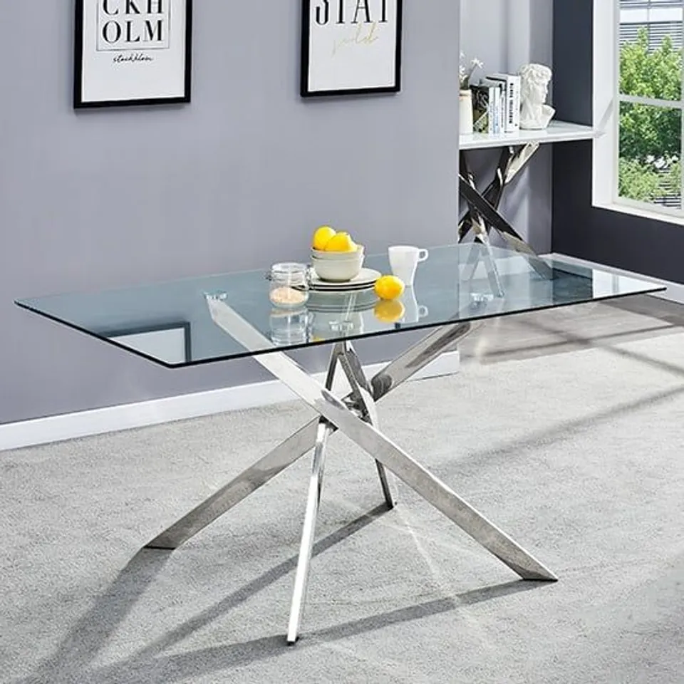 BRAND NEW BOXED DAYTONA SMALL CLEAR GLASS DINING TABLE WITH CHROME LEGS - 120cm (2 BOXES)