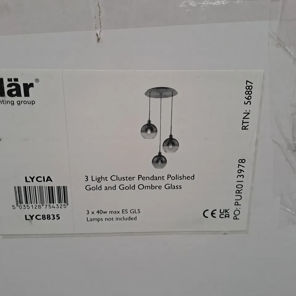 DAR 3 LIGHT CLUSTER PENDANT POLISHED GOLD AND GOLD OMBRE GLASS 