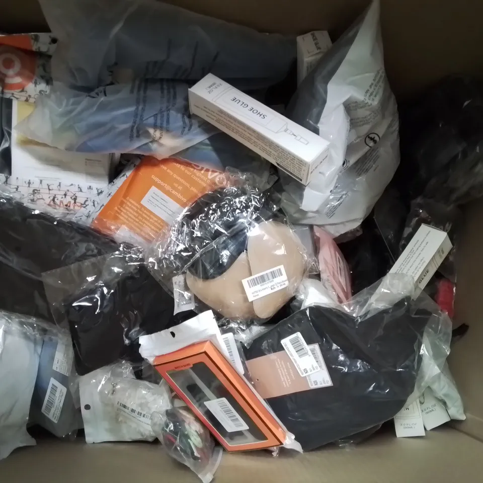 BOX CONTAINING LARGE AMOUNT OF MIXED FASHION ITEMS, SILVER PLATE AND COSTUME JEWELLERY, CLOTHING ITEMS ETC.