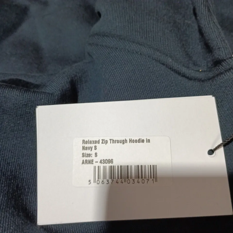 ARNE NAVY RELAXED ZIP-THROUGH HOODIE, SIZE S