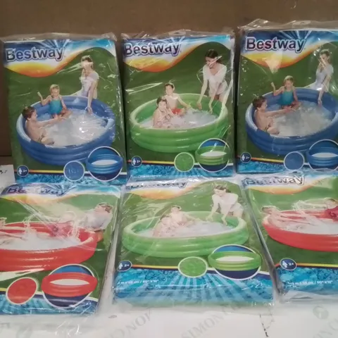 6 BRAND NEW BESTWAY PLAIN 3 RING PADDLING POOLS (COLOURS VARY)