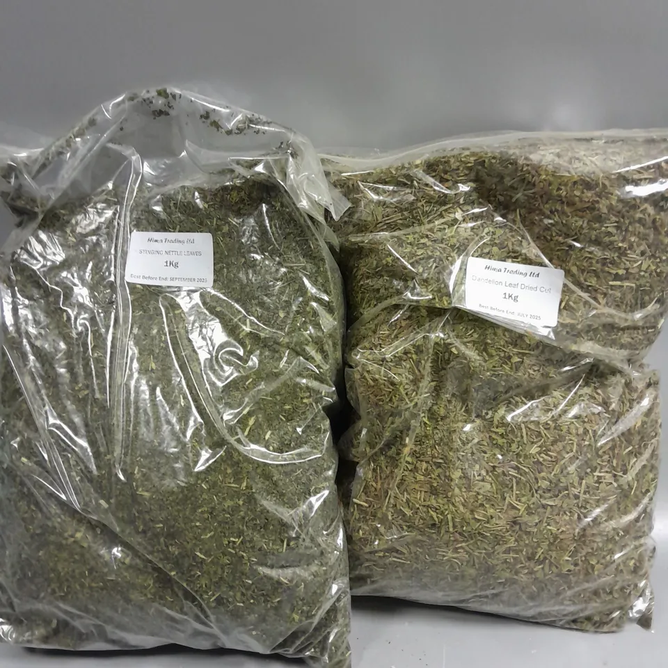 2 X 1KG BAGS OF DRIED LEAVES TO INCLUDE DANDELION & STINGING NETTLES 