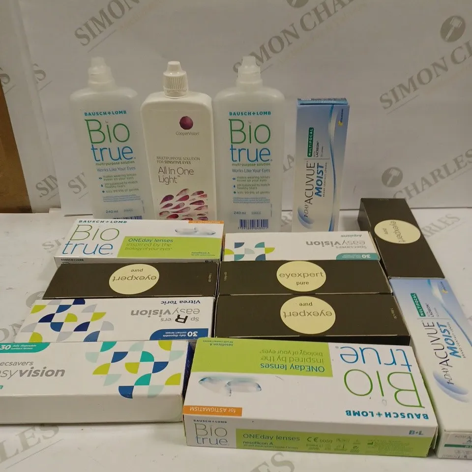 BOX TO CONTAIN APPROX. 25 X ASSORTED VISION CARE PRODUCTS. INCLUDES CONTACT LENSES & SOLUTION ETC. BRANDS VARY - COLLECTION ONLY