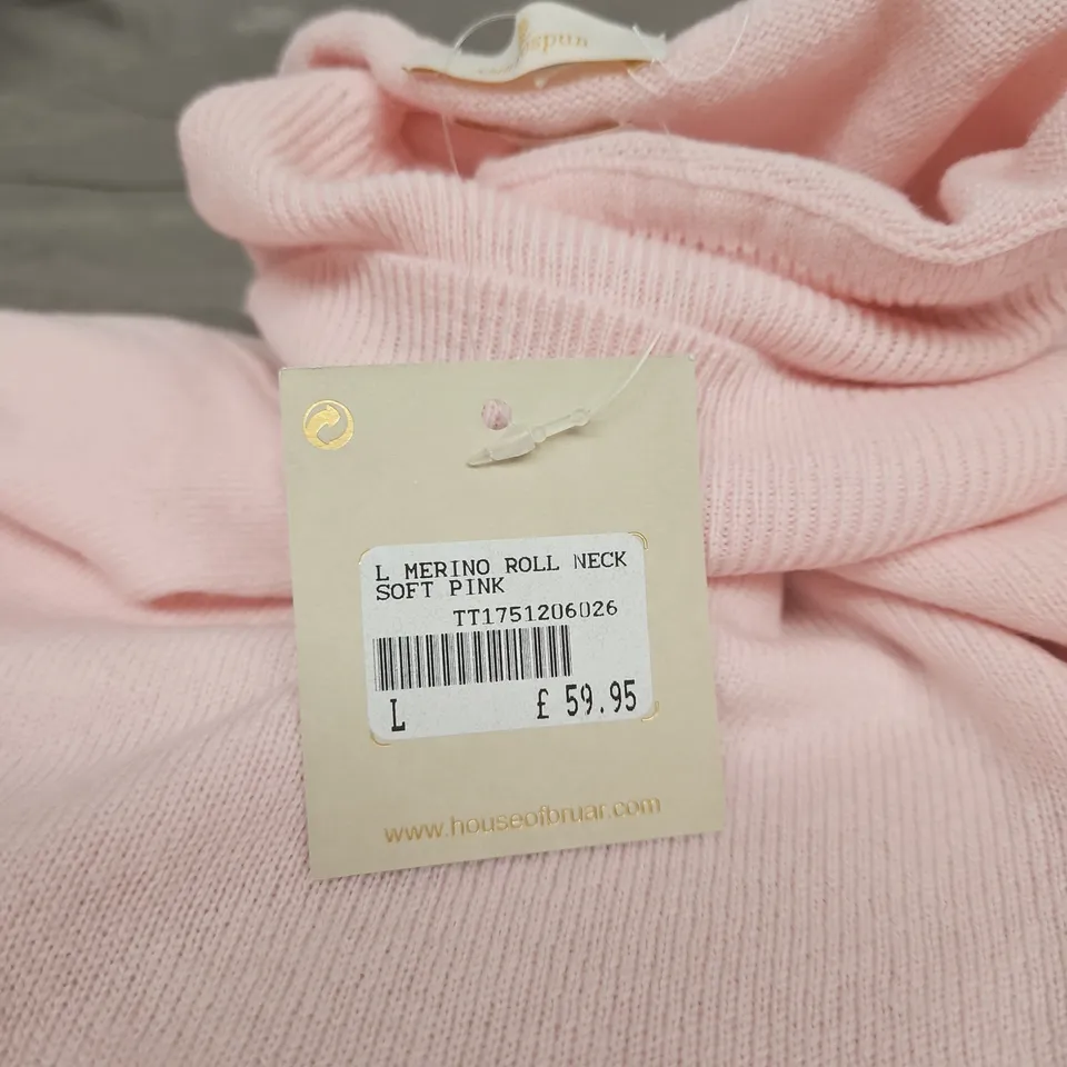 HOUSE OF BRUAR MERINO ROLL NECK SWEATER – SOFT PINK – UK SIZE L
