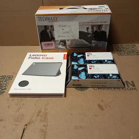 BOX OF APPROXIMATELY 25 ASSORTED ITEMS TO INCLUDE LENOVO FOLIO CASE, HP PRINTER CARTRIDGE, TECHNAXX HD BEAMER ETC