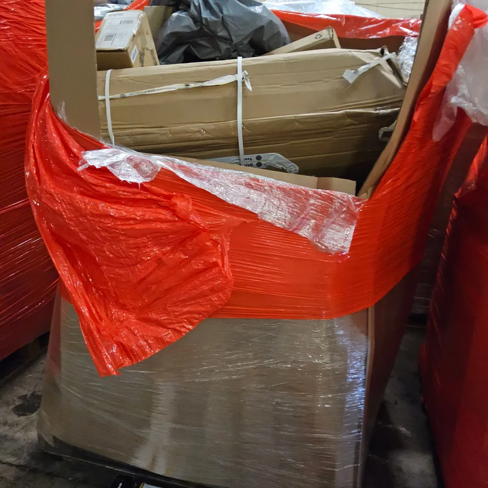 PALLET OF ASSORTED ITEMS TO INCLUDE, BALLOON DECIRATING PACK, TV WALL MOUNT, STORAGE TROLLEY, TENT, PUZZLE MAT, COMPUTER MAIN FRAME BRACKET, EXCERCUSE MAT.