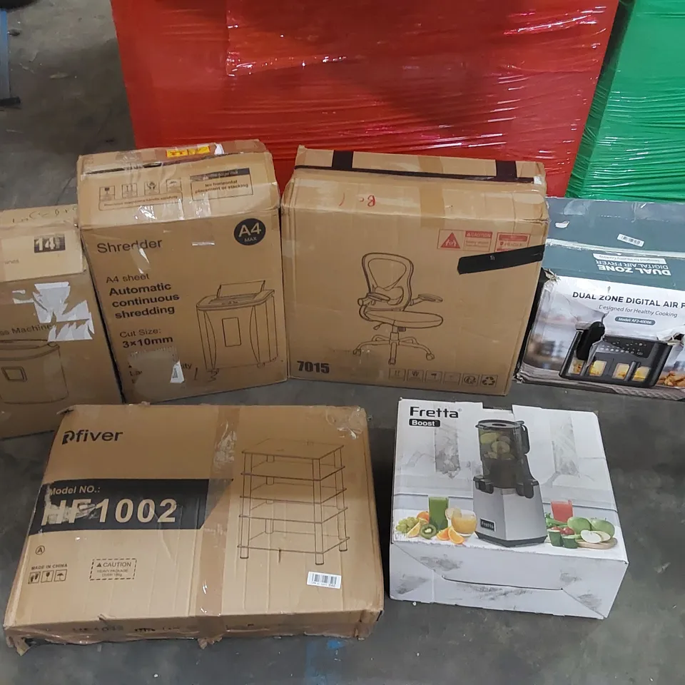 PALLET OF ASSORTED CONSUMER PRODUCTS TO INCLUDE: OFFICE CHAIR, PAPER SHREDDERS, AIR FRYER, ELECTRONIC JUICER ECT
