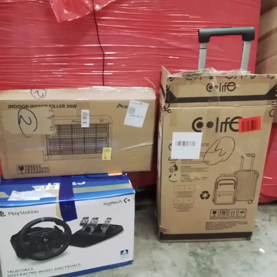 PALLET OF ASSORTED HOUSEHOLD GOODS AND PRODUCTS TO INCLUDE;LOGITECH G923,INDOOR INSECT KILLER,SUITCASE