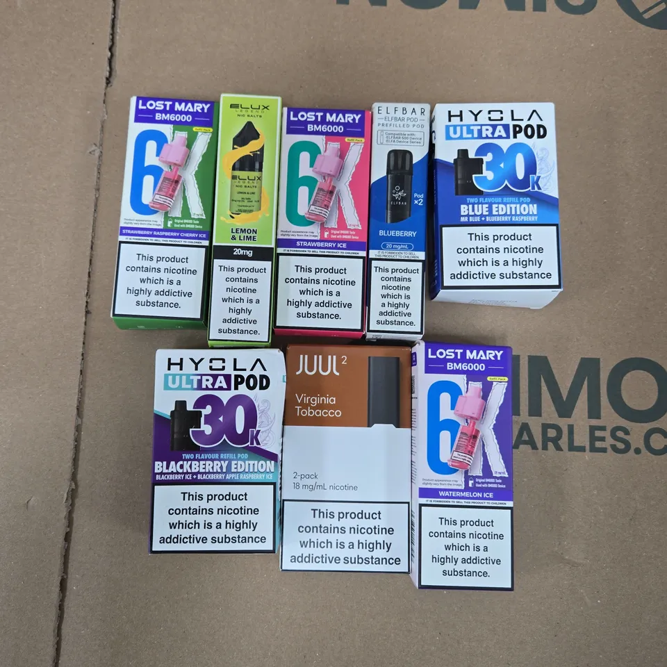 APPROXIMATELY 20 ASSORTED E-CIGARETTE & VAPING ITEMS IN VARIOUS BRANDS TO INCLUDE LOST MARY, ELUX, ELFBAR ETC 