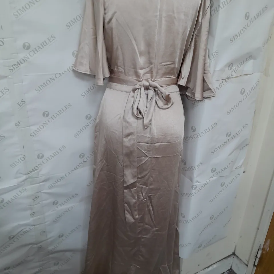SIX STORIES ANGEL SLEEVE WRAP SATIN BRIDESMAID DRESS IN OYSTER SIZE 12