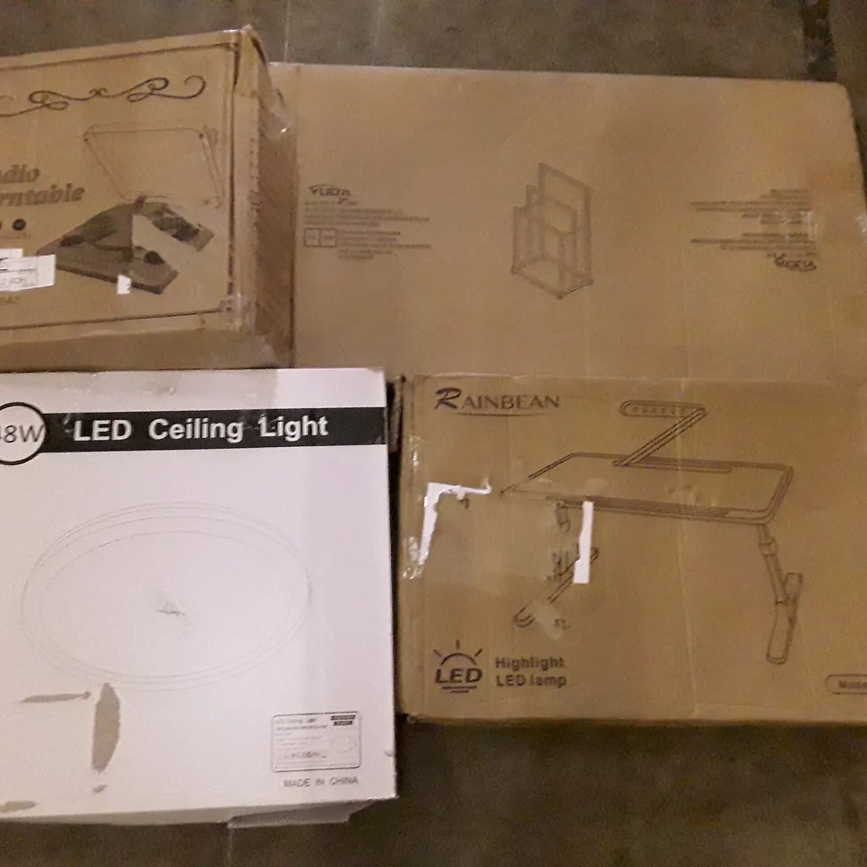 PALLET OF ASSORTED PRODUCTS INCLUDING LED CEILING LIGHT, LED LAMP, METAL TOWEL RACK, AUDIO TURNTABLE, CEILING FAN WITH LIGHT, COMPUTER WORKSTATION 